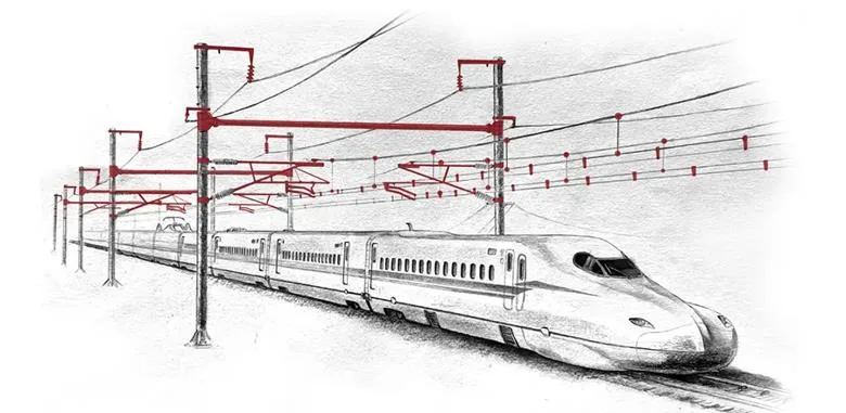 新幹線と架線の図。電車線金具を赤色で示している